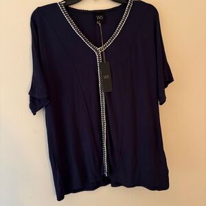 W5 Navy V-Neck Short Sleeve Blouse with Braided Trim | Size L | Sample | NWT